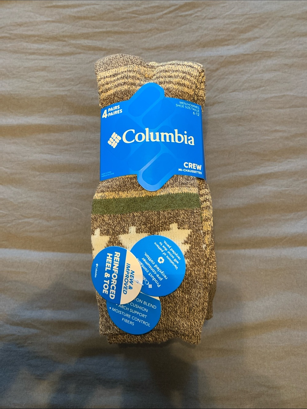 Columbia Crew Socks in Brown, Green and Cream Geometric Pattern